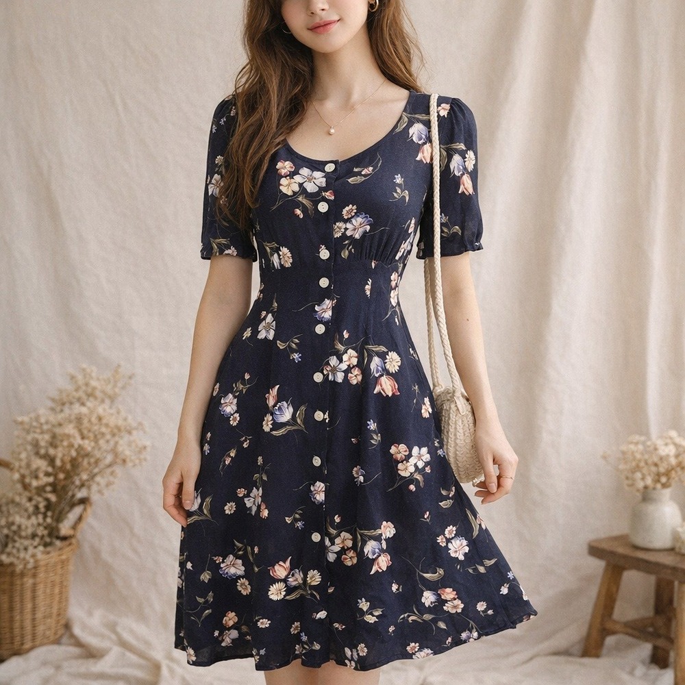 VTG‎ 90s Ultimate Blues Floral Midi Dress 9 Made in USA Rayon Button Front Navy